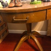 Value of a Round Mersman Table? - brown table with drawer