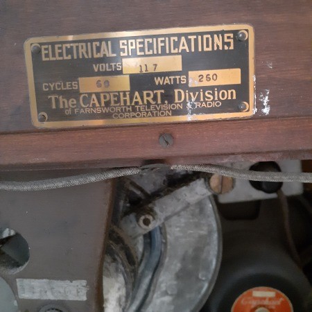 Capehart Console Phonograph and Radio - close up of product tag.