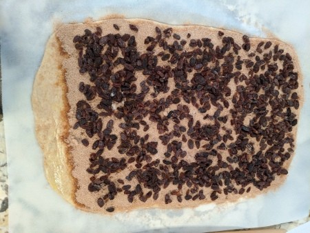 Raisins added to the rolled out dough.
