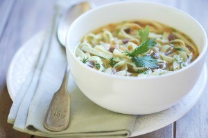 A bowl of homemade turkey noodle soup.