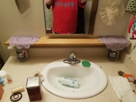 No More Messy Bathroom Shelf - lilac colored dollies, one on each end of the board