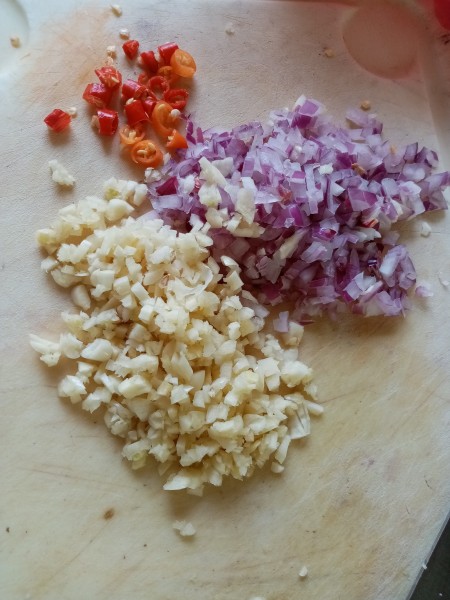 Chopped onion, garlic and chili peppers.