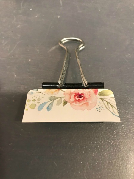 Binder Clip Photo Holder - floral sticker in front of the clip