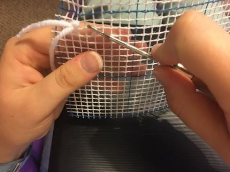 Latch Hook Rug Project Pillow - first stitch made