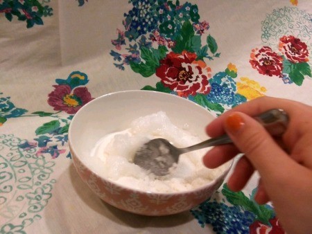 Moisturizing Lavender Body Scrub - mixing body scrub with a spoon