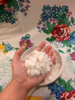 Moisturizing Lavender Body Scrub - adding more sugar to create a stiffer texture as shown in maker's hand