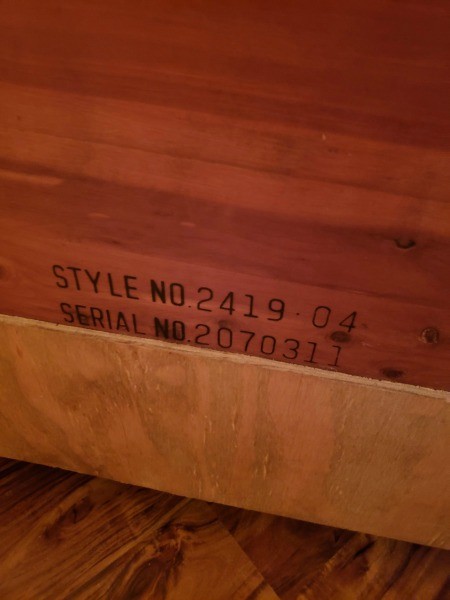 A style and serial number on a Lane chest.