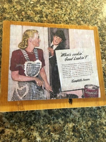 Fun Vintage Decor - vintage Campbell's soup ad applied to wood and decoupaged