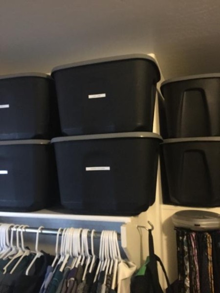 Storage bins on a shelf.