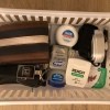 A storage basket filled with useful items.