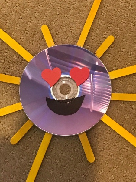 Hanging CD Reflective Garden Decoration - full view of decoration with stickers in place and smile added