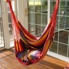 A hammock swing hanging in a sunny location.