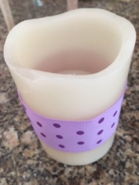 Echo Dot Camouflage - candle with dark purple polka dot ribbon