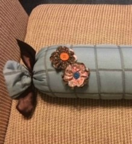 Scrappy Fun Fabric Flowers - two flowers attached to the throw pillow