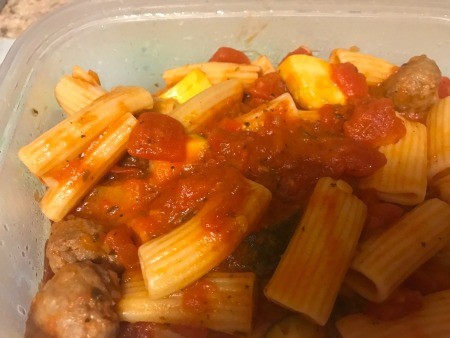 A helping of the sausage rigatoni stew.