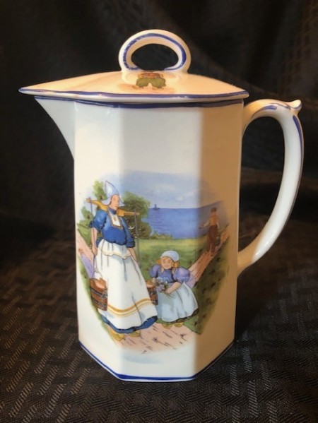 Identifying a Homer Laughlin Pitcher? - white lidded pitcher with woman and child wearing traditional Dutch caps