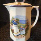 Identifying a Homer Laughlin Pitcher? - white lidded pitcher with woman and child wearing traditional Dutch caps
