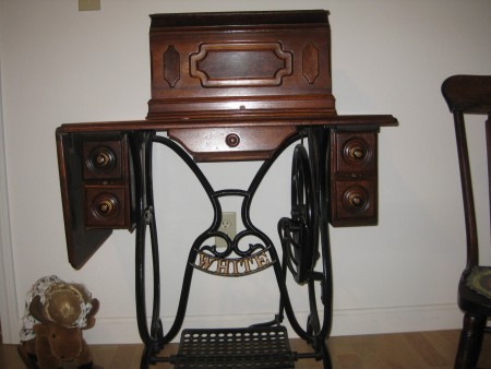 Age and Value of a White Treadle Sewing Machine? - base cabinet and machine in wooden box