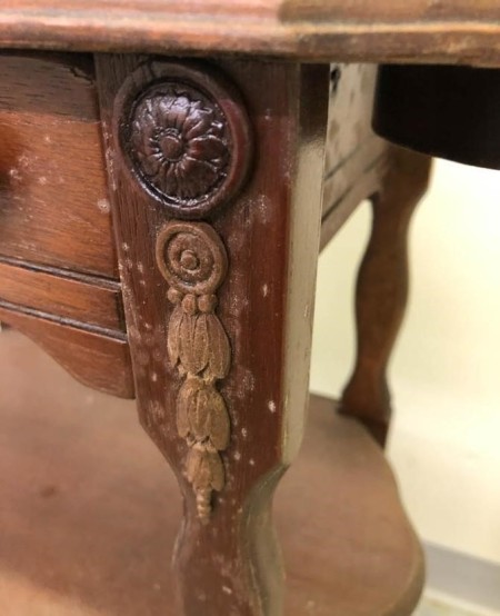 Value of an Antique Side Table? - closeup of decorative wood appliques on table legs