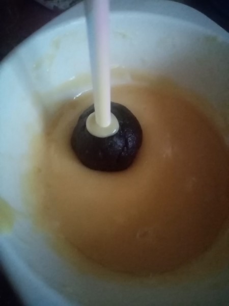Dipping the cake pop in the topping.
