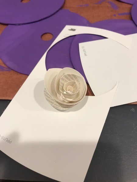 Painted CD Wreath - glued spiral paper flower