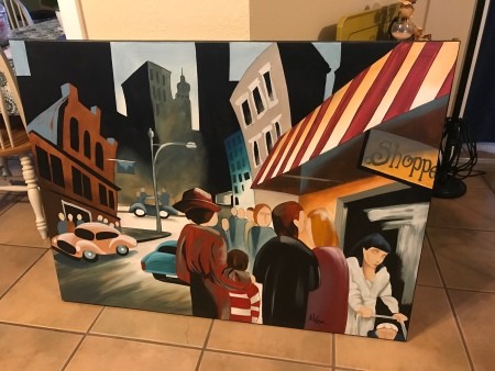 A brightly colored street scene.