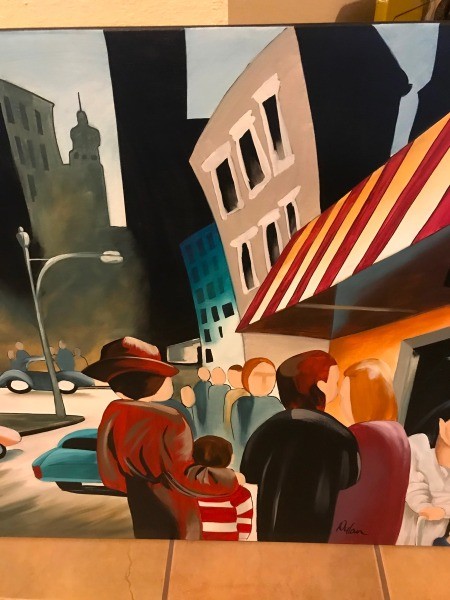 A brightly colored street scene.