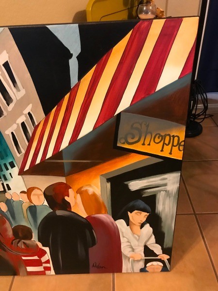 A brightly colored street scene.