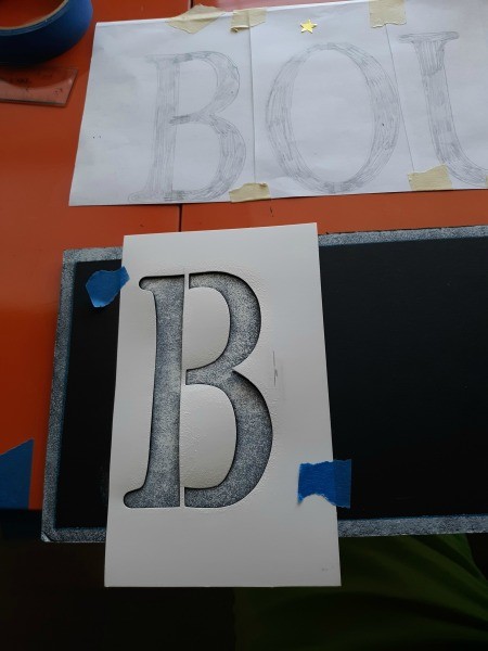 Farmhouse Style Signs - stencil lying on foam board