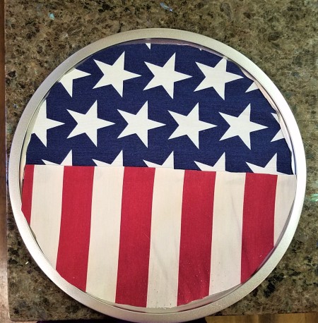 Pizza Pan Flag Wall Hanging - stripe fabric glued on - all to dry