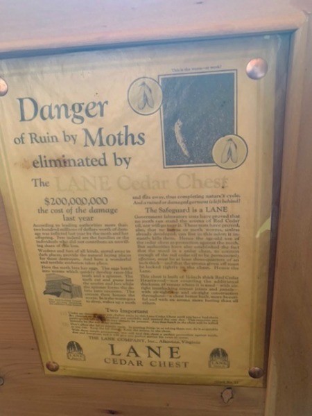 An informational panel inside a Lane cedar chest.