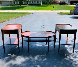 Value of Mersman Tables 7233 and 7303? - coffee table and two end tables in a driveway