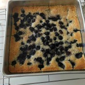 A baked fresh blueberry cobbler cooling in the pan.