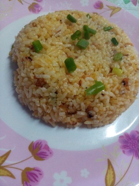 A plate of java rice, garnished with spring onions.