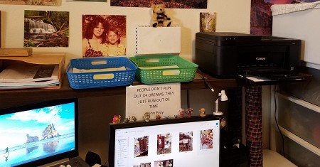 A desk shelf made from recycled cans.