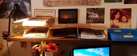 A desk full of materials.