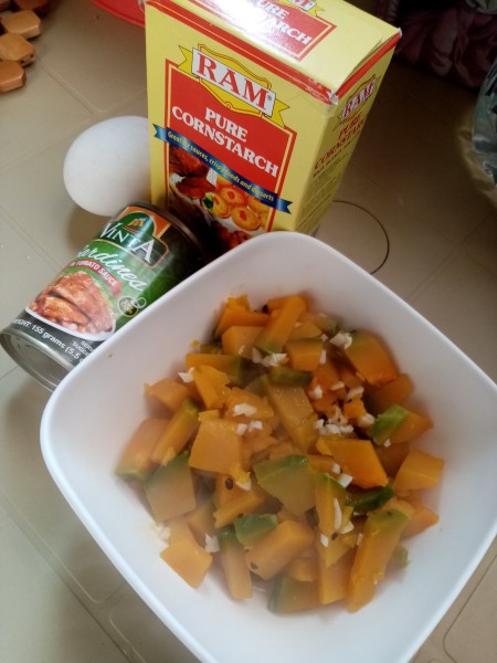 Ingredients for making squash sardine pancakes.