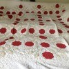 An old quilt with appliqué of red flowers and diamond shaped leaves on white background.