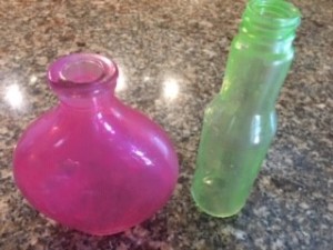 DIY Sea Glass Bottles - bright pink and vaseline green bottles