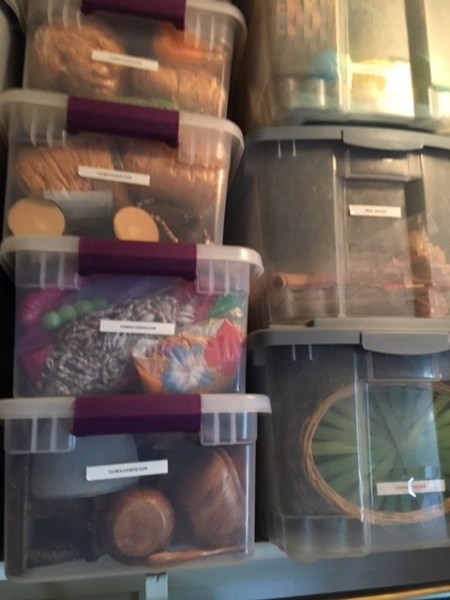 Stacked storage bins.