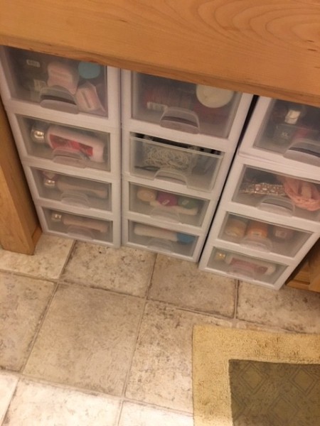 Storage bins under a shelf.