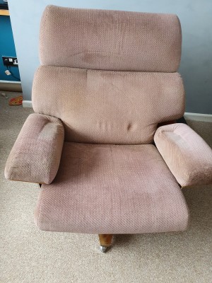 Value of a Vintage Chair? - upholstered roll around chair with bent wood frame behind back and under the seat