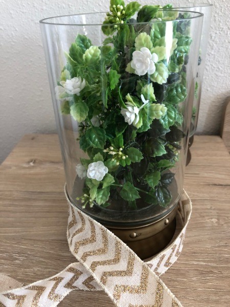 Decor for Less Using Hurricane Vases - adding a ribbon bow to one of them