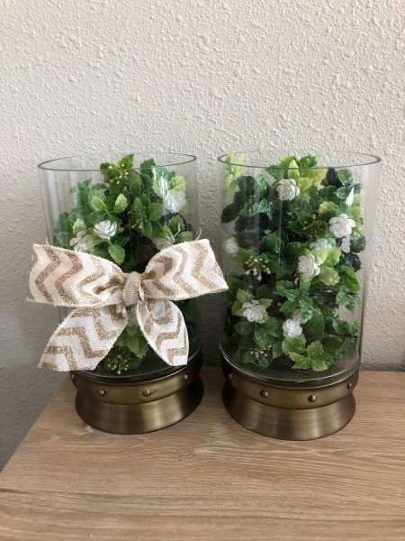Decor for Less Using Hurricane Vases - two filled vases one with and one without a bow