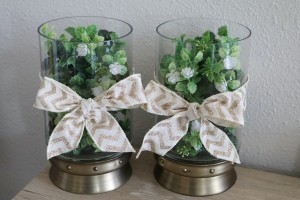 Decor for Less Using Hurricane Vases - finished vases both with bows