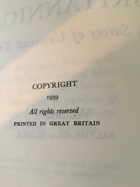 The copyright page of a Encyclopedia Britannica.