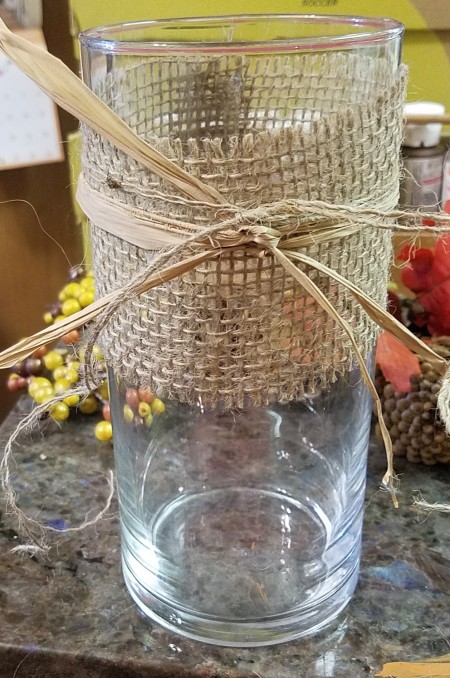 Fall Themed Glass Tube - glass cylinder with burlap and twine