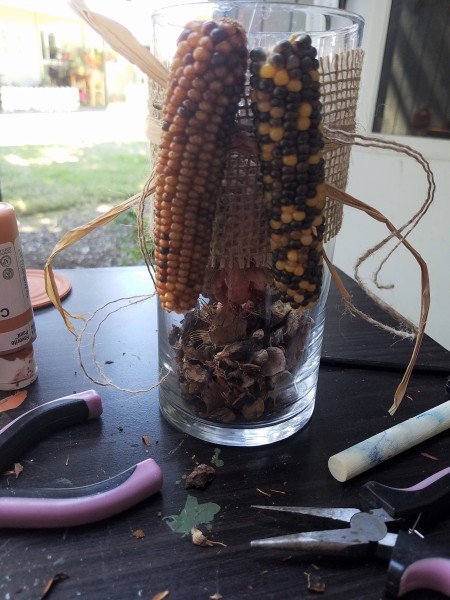 Fall Themed Glass Tube - colored corn cobs glued in place