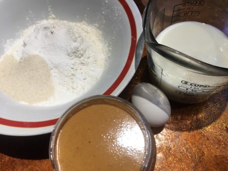 Ingredients for velvety peanut butter pancakes.