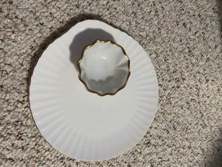 Value of Crown Fine Bone China? - white scalloped plate and small gold edged bowl